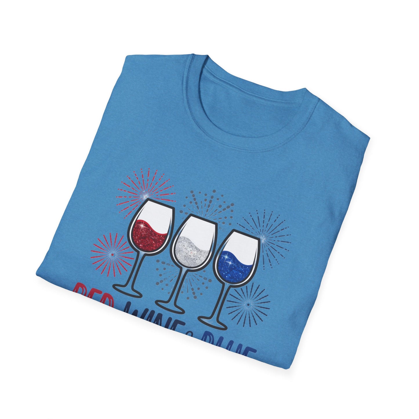 Red, Wine & Blue Unisex Softstyle T-Shirt, Summer BBQ, Fourth of July, Wine Lovers Gift, Patriotic Outfit, Casual Wear