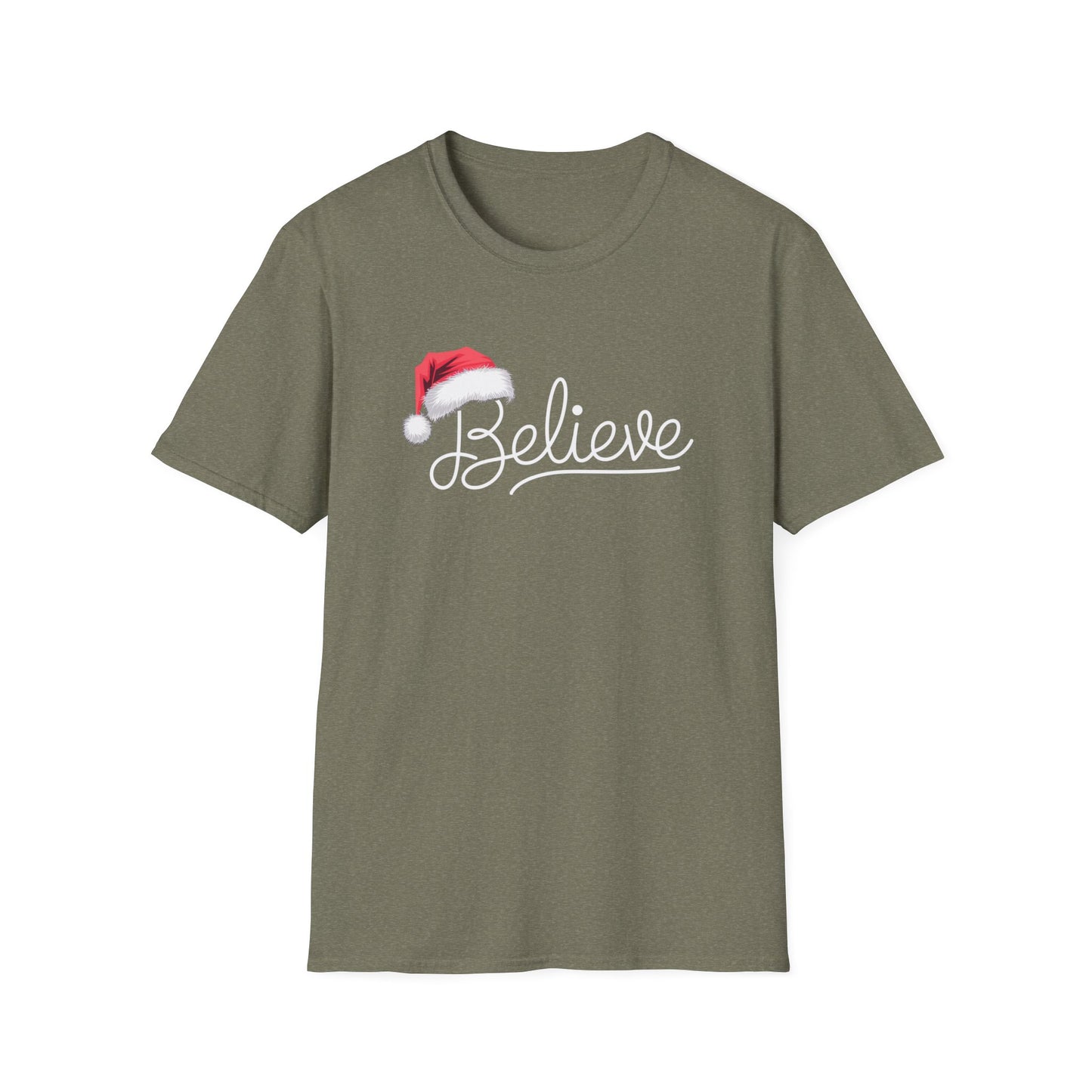 Believe Holiday T-Shirt, Unisex Christmas Tee, Santa Hat Apparel, Festive Graphic Tee, Gift for Him/Her, Holiday Celebrations
