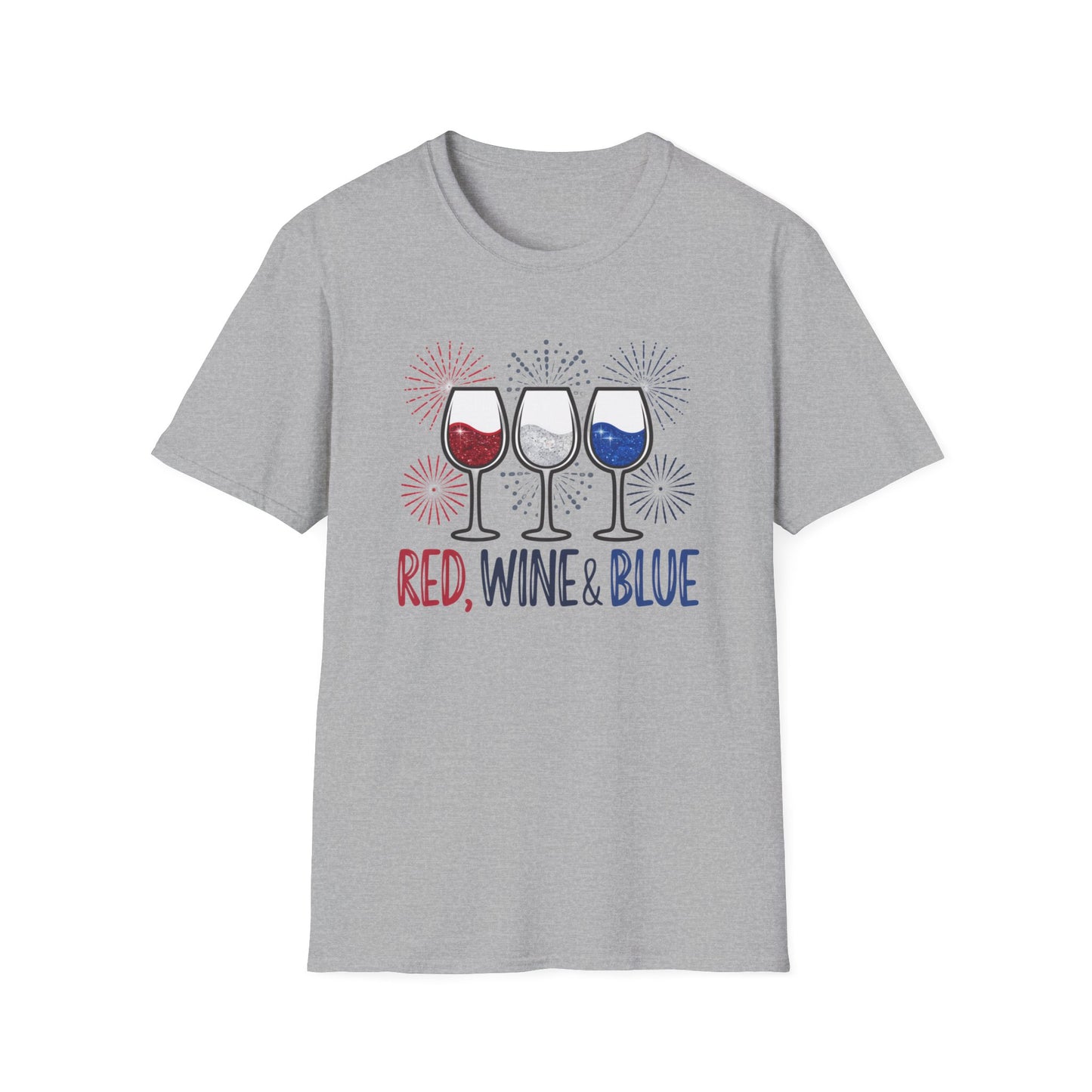 Red, Wine & Blue Unisex Softstyle T-Shirt, Summer BBQ, Fourth of July, Wine Lovers Gift, Patriotic Outfit, Casual Wear