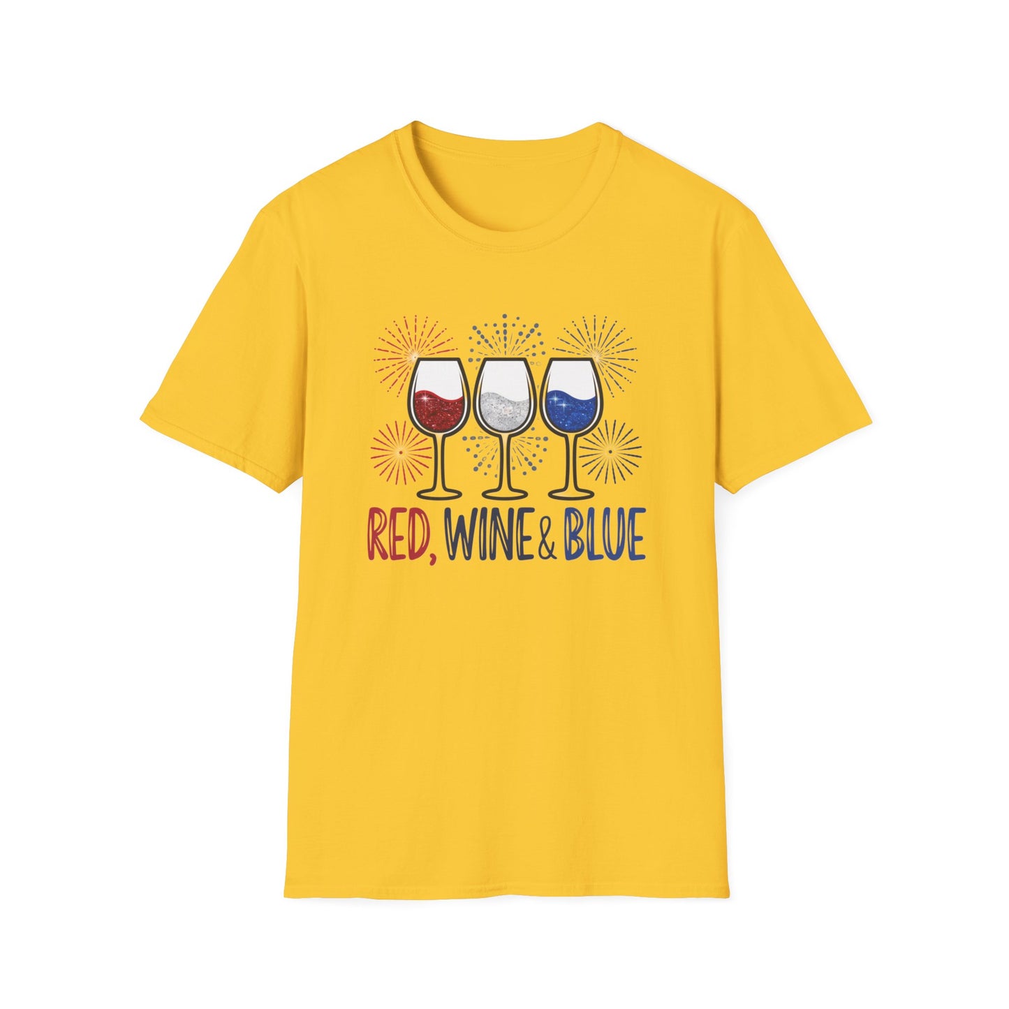 Red, Wine & Blue Unisex Softstyle T-Shirt, Summer BBQ, Fourth of July, Wine Lovers Gift, Patriotic Outfit, Casual Wear