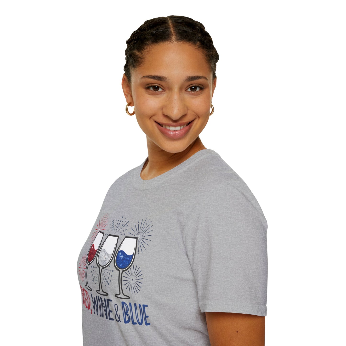 Red, Wine & Blue Unisex Softstyle T-Shirt, Summer BBQ, Fourth of July, Wine Lovers Gift, Patriotic Outfit, Casual Wear