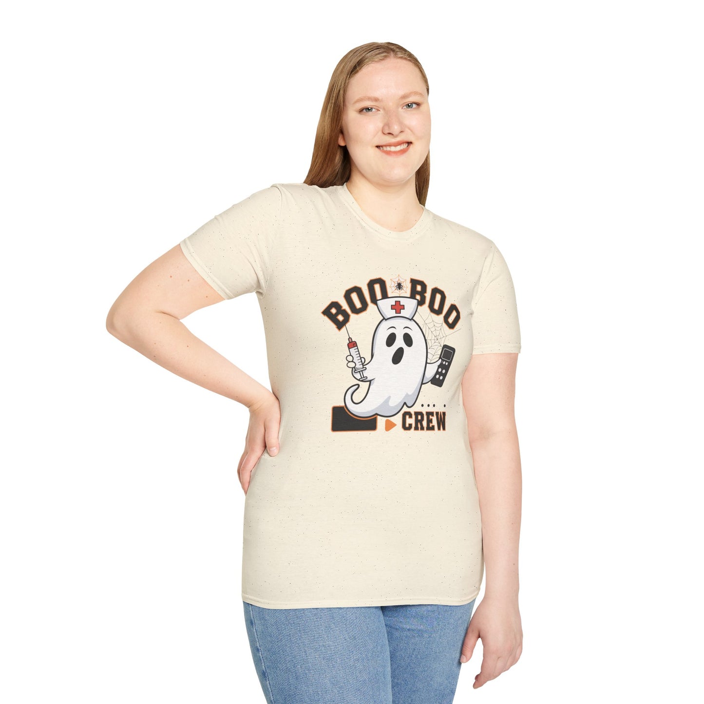 Boo Boo Crew T-Shirt, Softstyle Tee for Halloween, Ghost Nurse Shirt, Fun Family Costume Top, Spooky Comedy Dress-Up