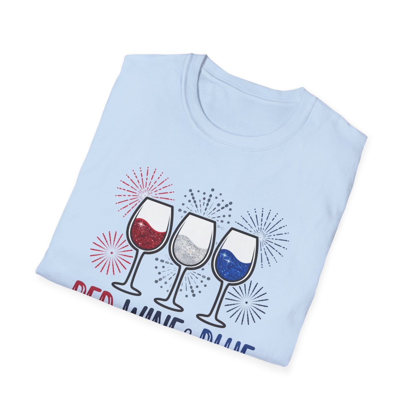 Red, Wine & Blue Unisex Softstyle T-Shirt, Summer BBQ, Fourth of July, Wine Lovers Gift, Patriotic Outfit, Casual Wear
