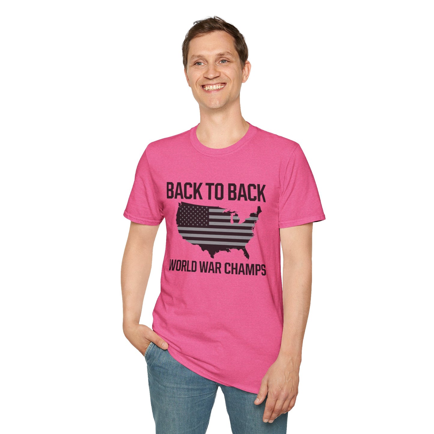 Patriotic Unisex Softstyle T-Shirt – ‘Back to Back World War Champs’