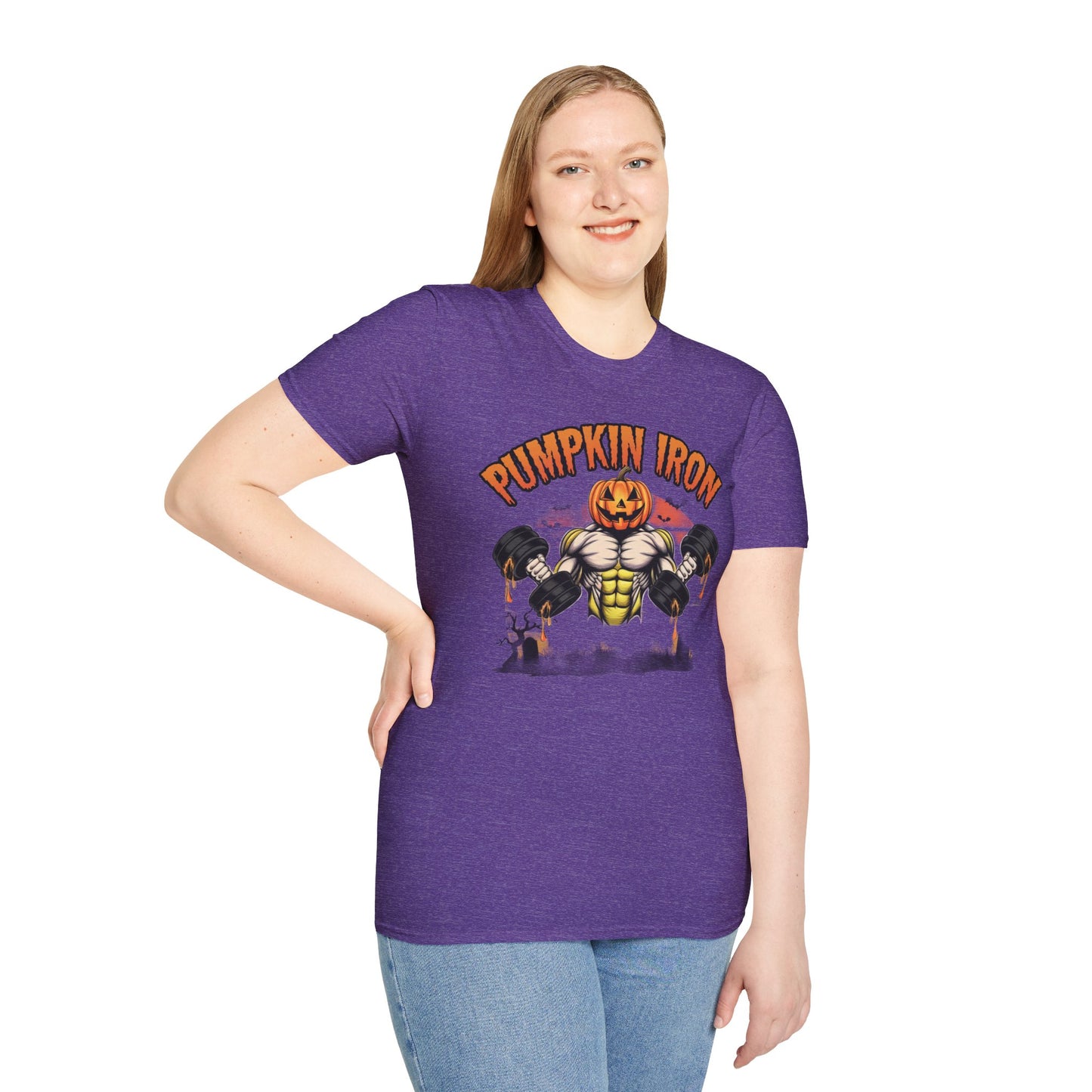 Halloween Pumpkin Iron Gym T-Shirt, Funny Fall Workout Top, Unisex Fitness Apparel, Spooky Season Gift, October Gym Shirt