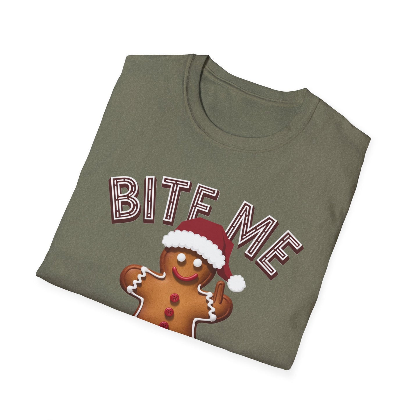 Funny Holiday T-Shirt, Christmas Tee, Gingerbread Design, Bite Me Graphic, Cute Gift for Friends, Family Christmas Party