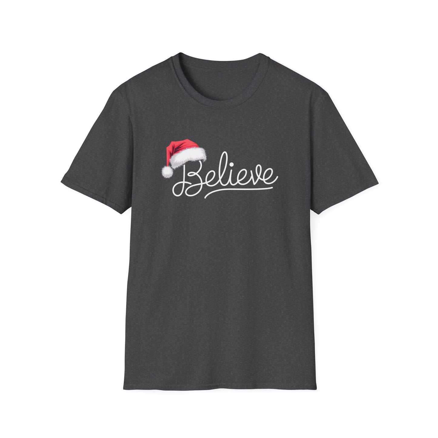 Believe Holiday T-Shirt, Unisex Christmas Tee, Santa Hat Apparel, Festive Graphic Tee, Gift for Him/Her, Holiday Celebrations