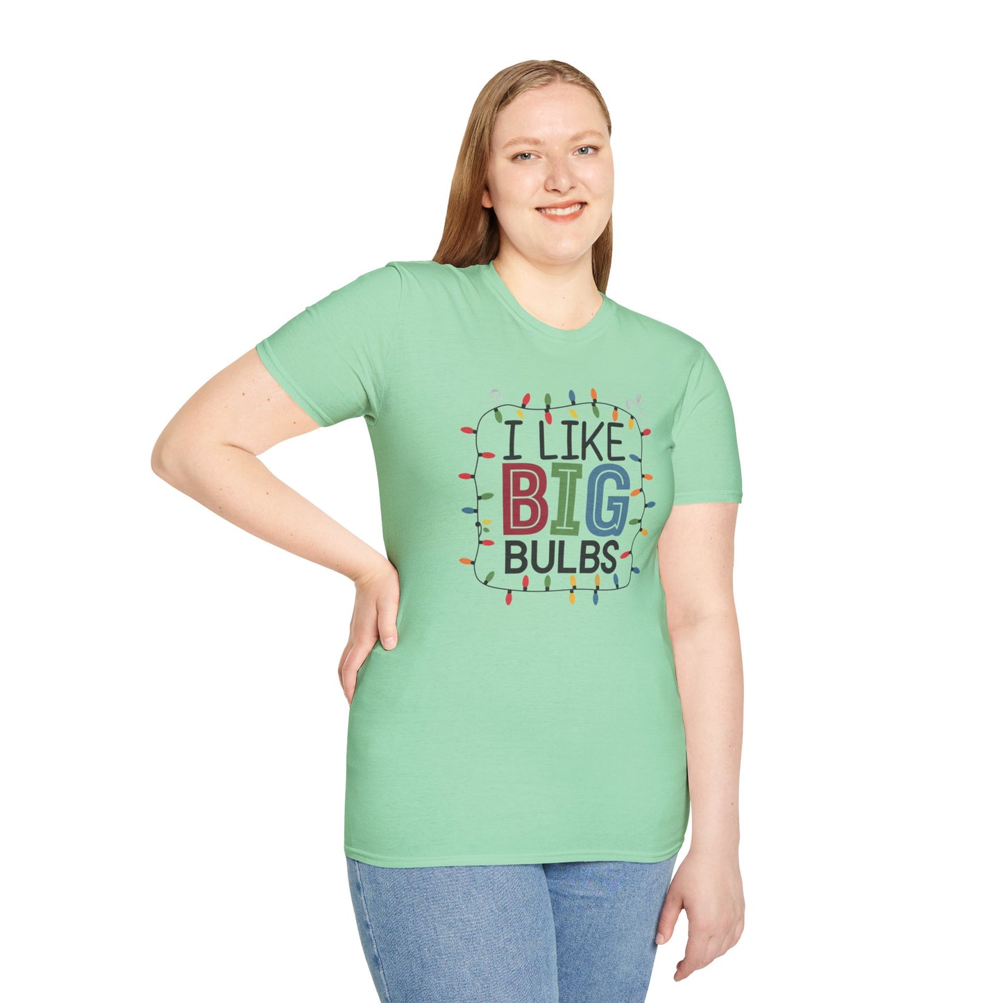 I Like Big Bulbs Unisex Softstyle T-Shirt | Fun Graphic Tee, Holiday Apparel, Christmas Shirt, Gift for Him/Her, Lighthearted Wear
