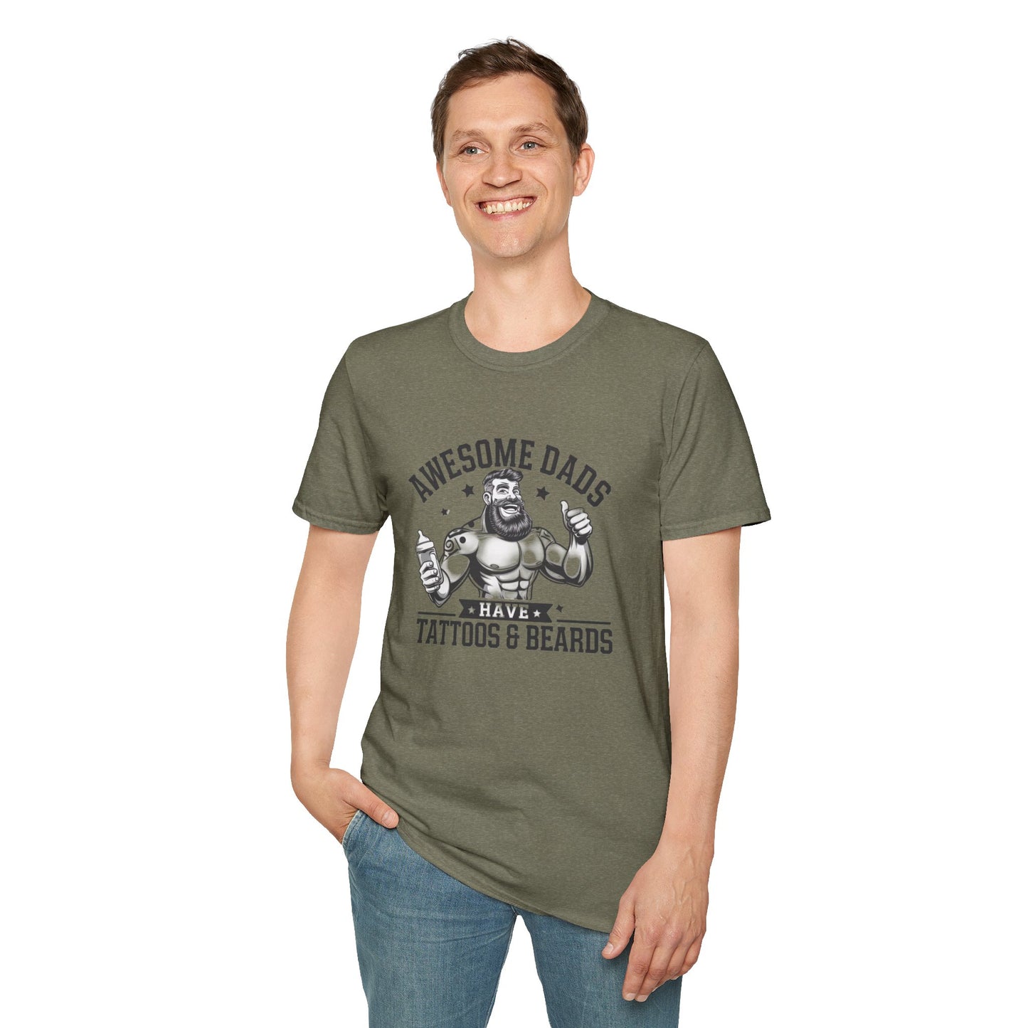Awesome Dads Tattoo & Beard T-Shirt | Unisex Softstyle Tee Fathers Day Gift