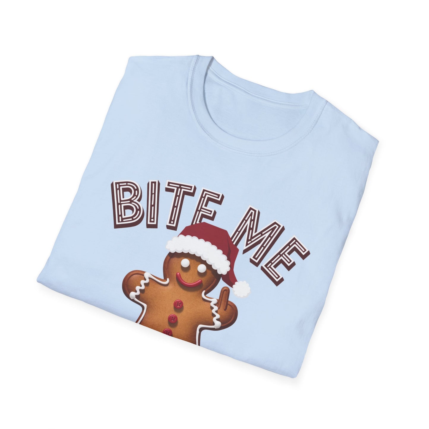Funny Holiday T-Shirt, Christmas Tee, Gingerbread Design, Bite Me Graphic, Cute Gift for Friends, Family Christmas Party