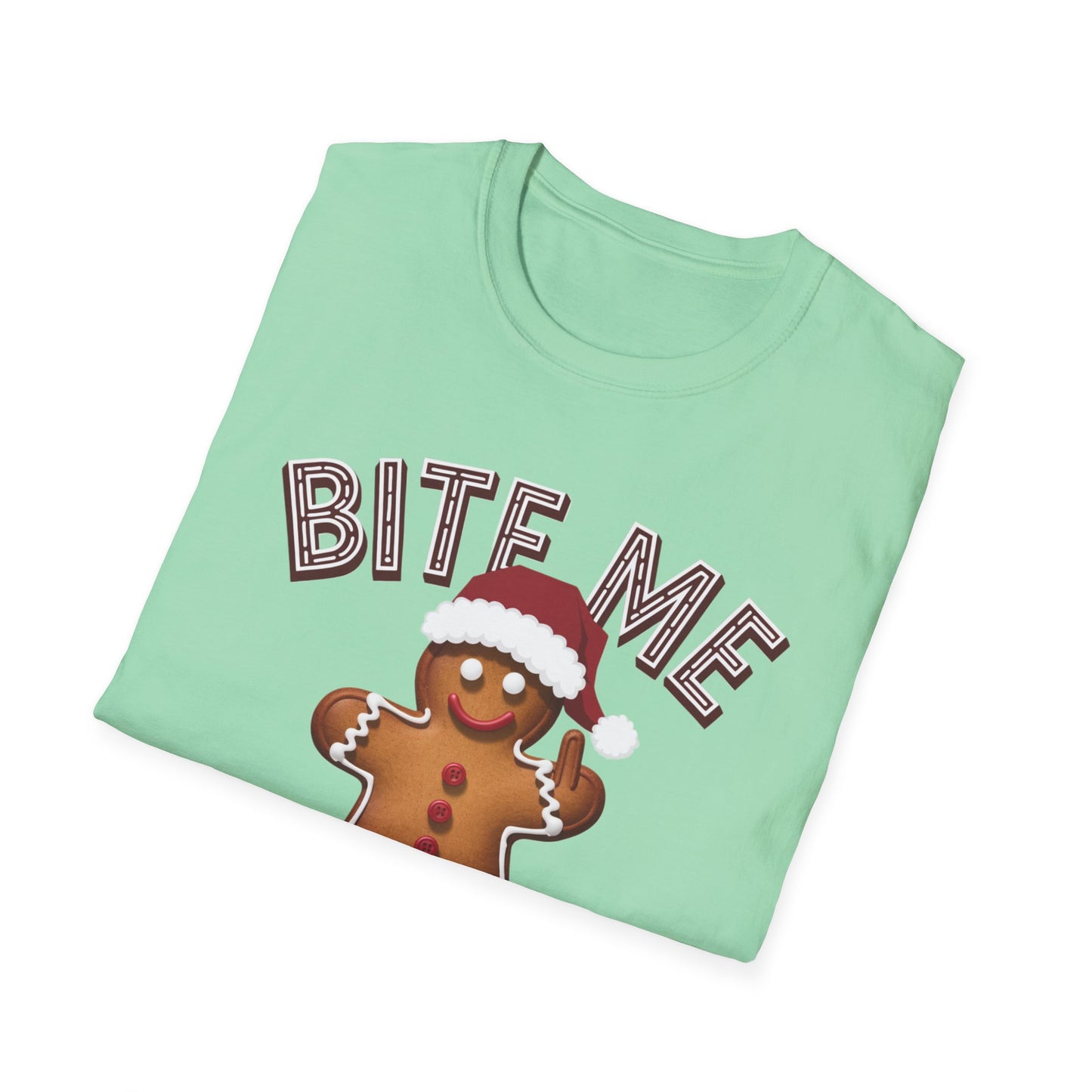 Funny Holiday T-Shirt, Christmas Tee, Gingerbread Design, Bite Me Graphic, Cute Gift for Friends, Family Christmas Party