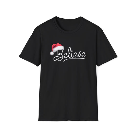Believe Holiday T-Shirt, Unisex Christmas Tee, Santa Hat Apparel, Festive Graphic Tee, Gift for Him/Her, Holiday Celebrations