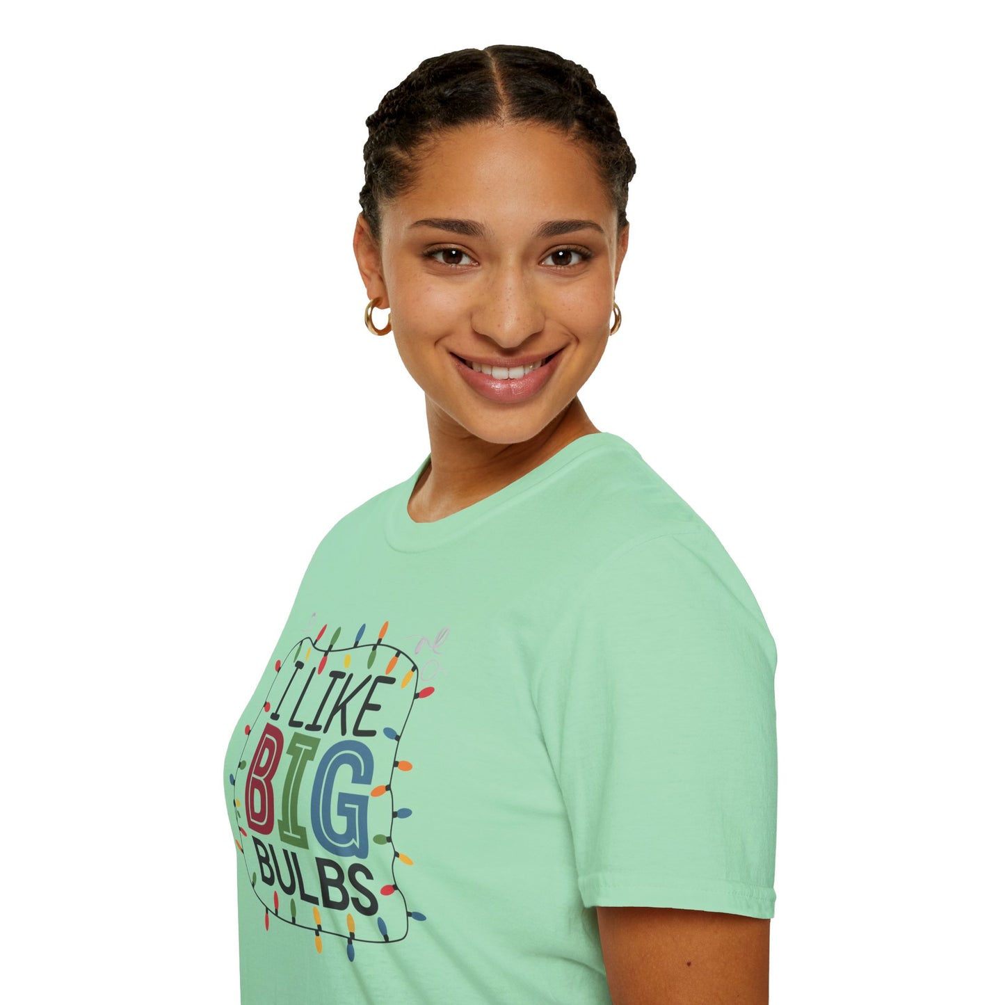 I Like Big Bulbs Unisex Softstyle T-Shirt | Fun Graphic Tee, Holiday Apparel, Christmas Shirt, Gift for Him/Her, Lighthearted Wear