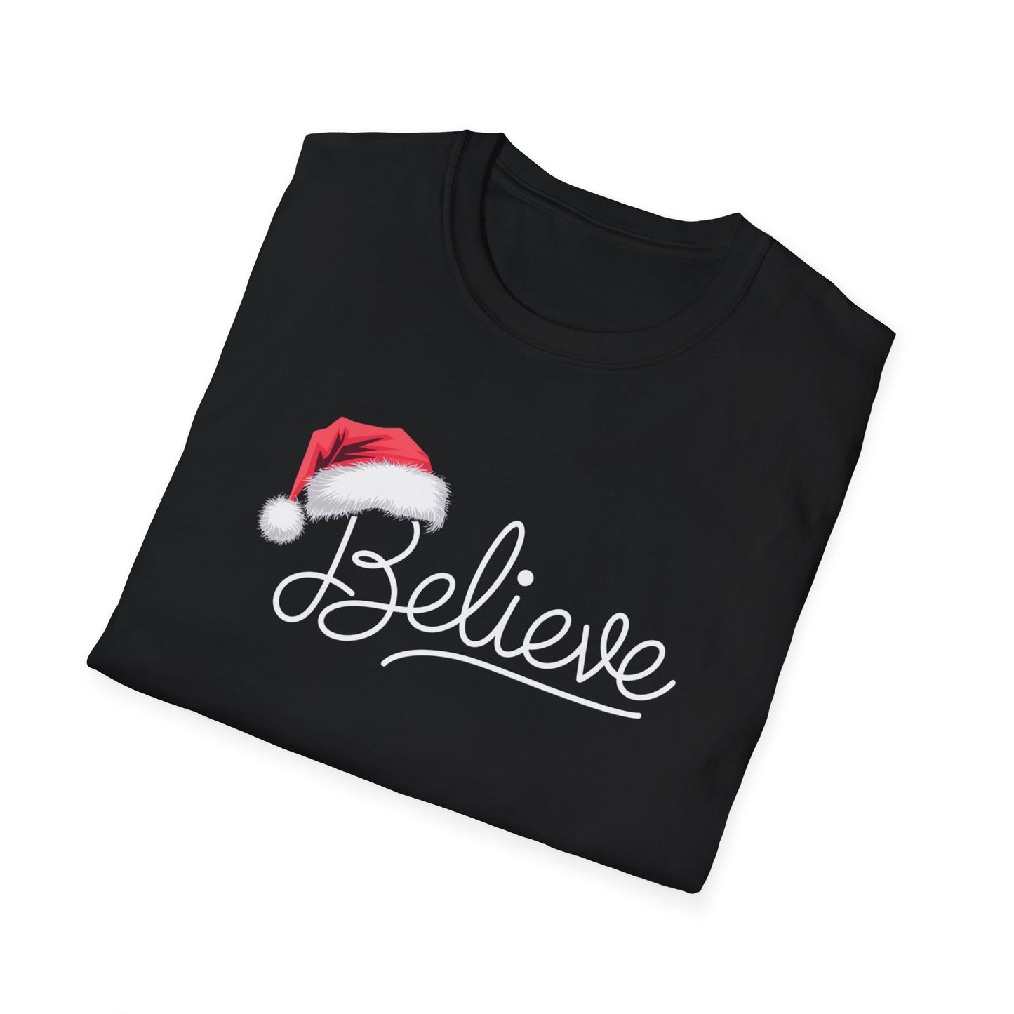 Believe Holiday T-Shirt, Unisex Christmas Tee, Santa Hat Apparel, Festive Graphic Tee, Gift for Him/Her, Holiday Celebrations