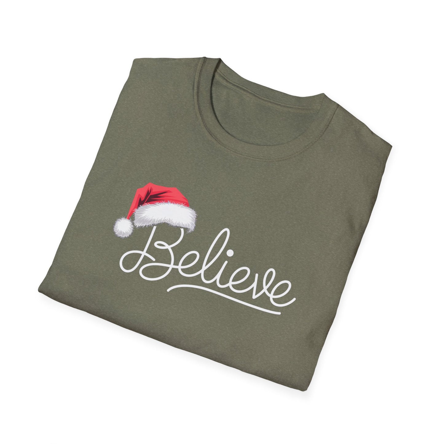 Believe Holiday T-Shirt, Unisex Christmas Tee, Santa Hat Apparel, Festive Graphic Tee, Gift for Him/Her, Holiday Celebrations
